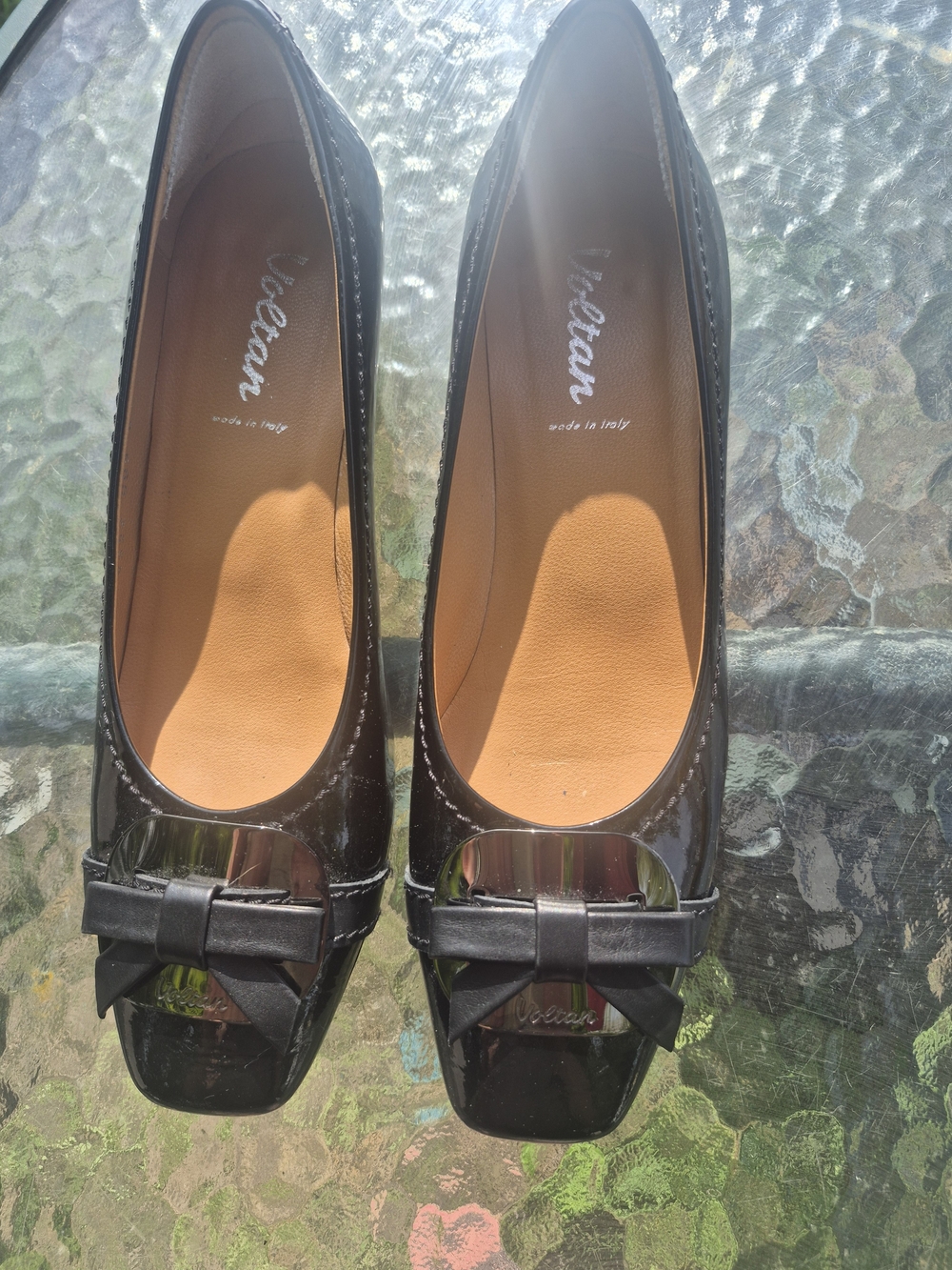 Black Patent Bow-Trim Flats by Voltan. Made In Italy. Handmade Quality